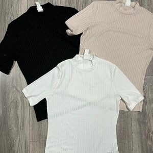 H&M Ribbed Mock Neck Short Sleeve Tops - Black, White, and Cream
